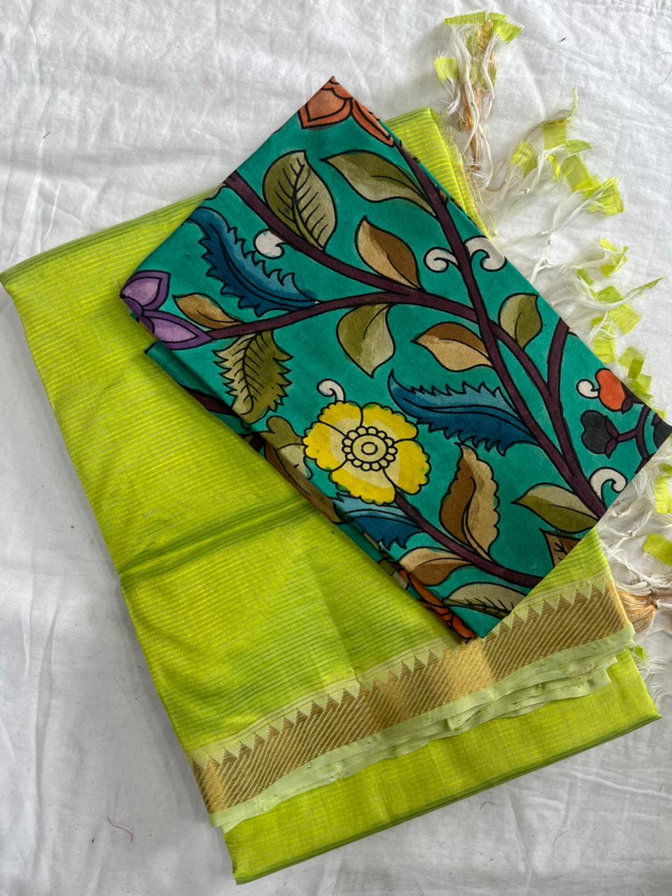 Peach Handloom Mangalagiri Pattu  with a Pen Kalamkari Blouse  Cotton Saree